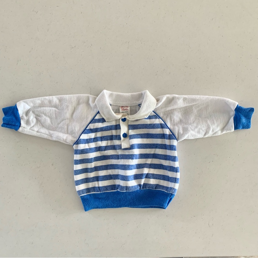 Vintage 80s - 12 Month Baby - Blue and White Button Up Collared Long Sleeve